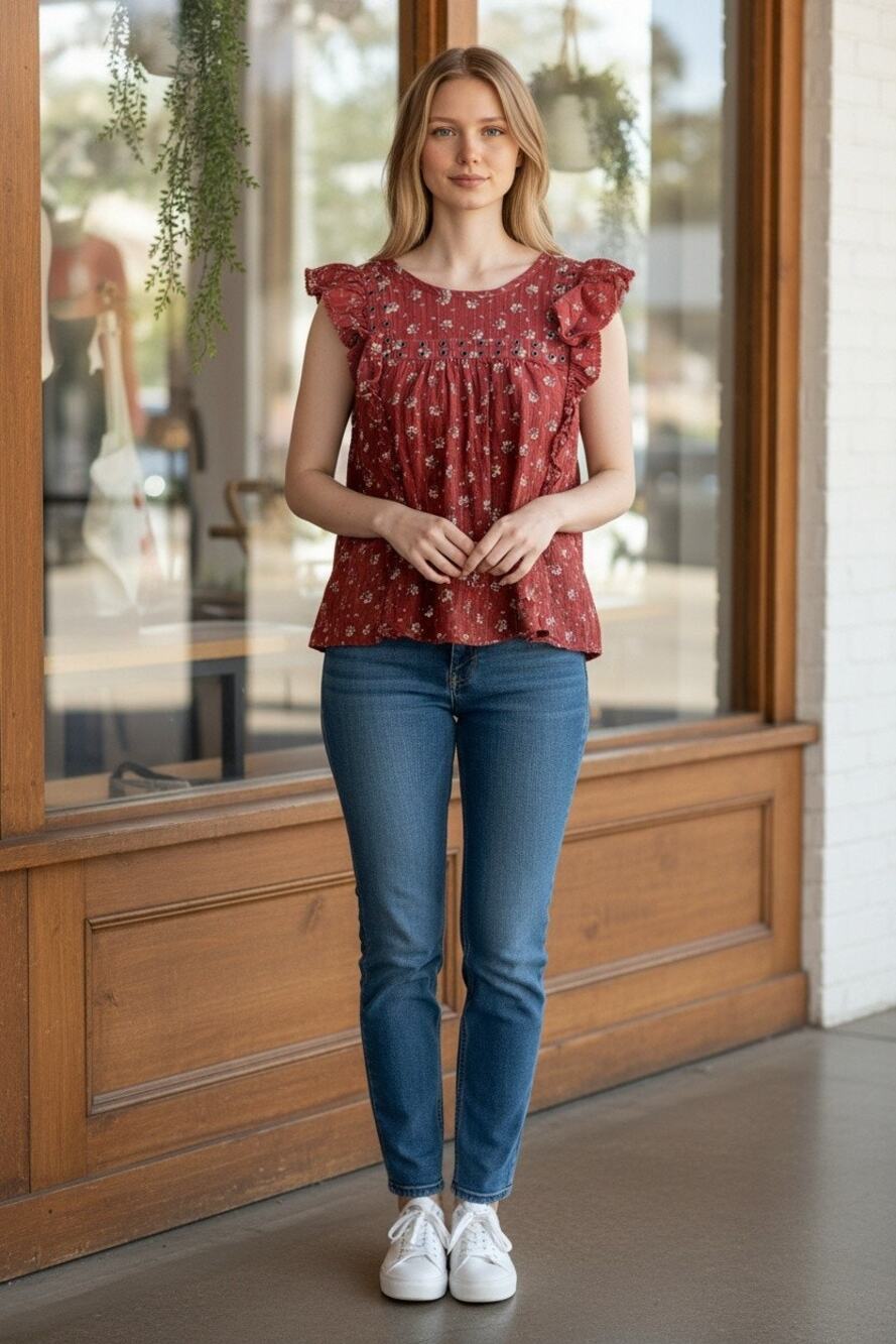 Abercrombie & Fitch Red White Floral Ruffle Sleeveless Babydoll Blouse Size S